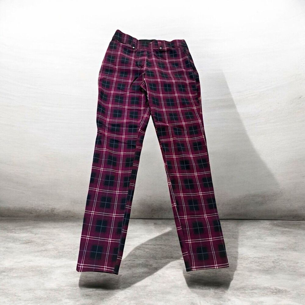 Maurices Women’s Burgundy Black Plaid Ponte Skinny Pants Stretch M Inseam 27